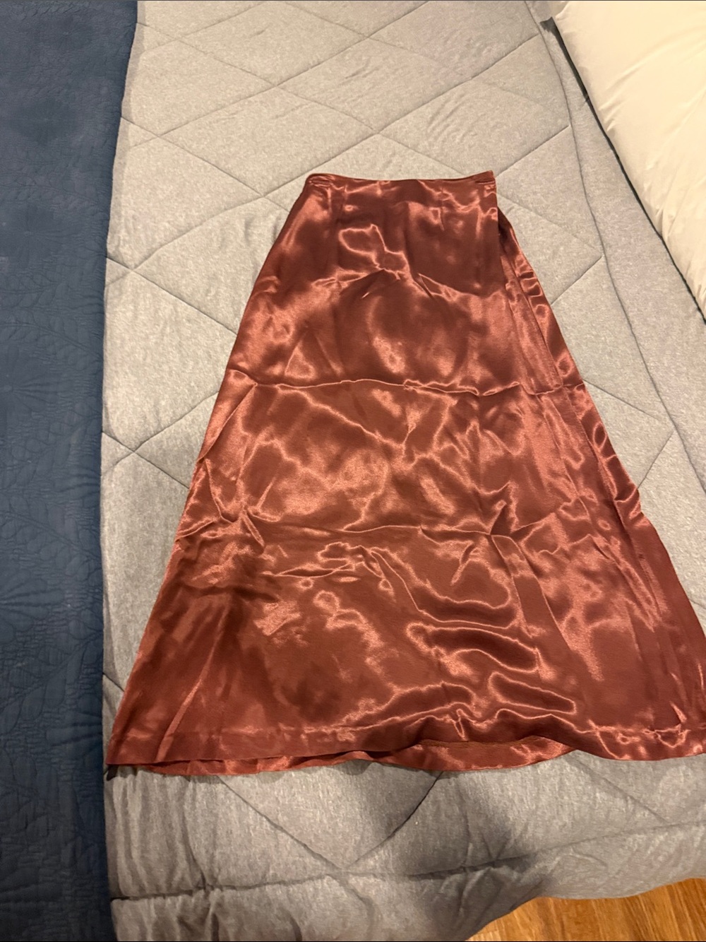 Stacy Lauwers Silky Copper-Brown Maxi Skirt — Elegant A-Line Satin XS